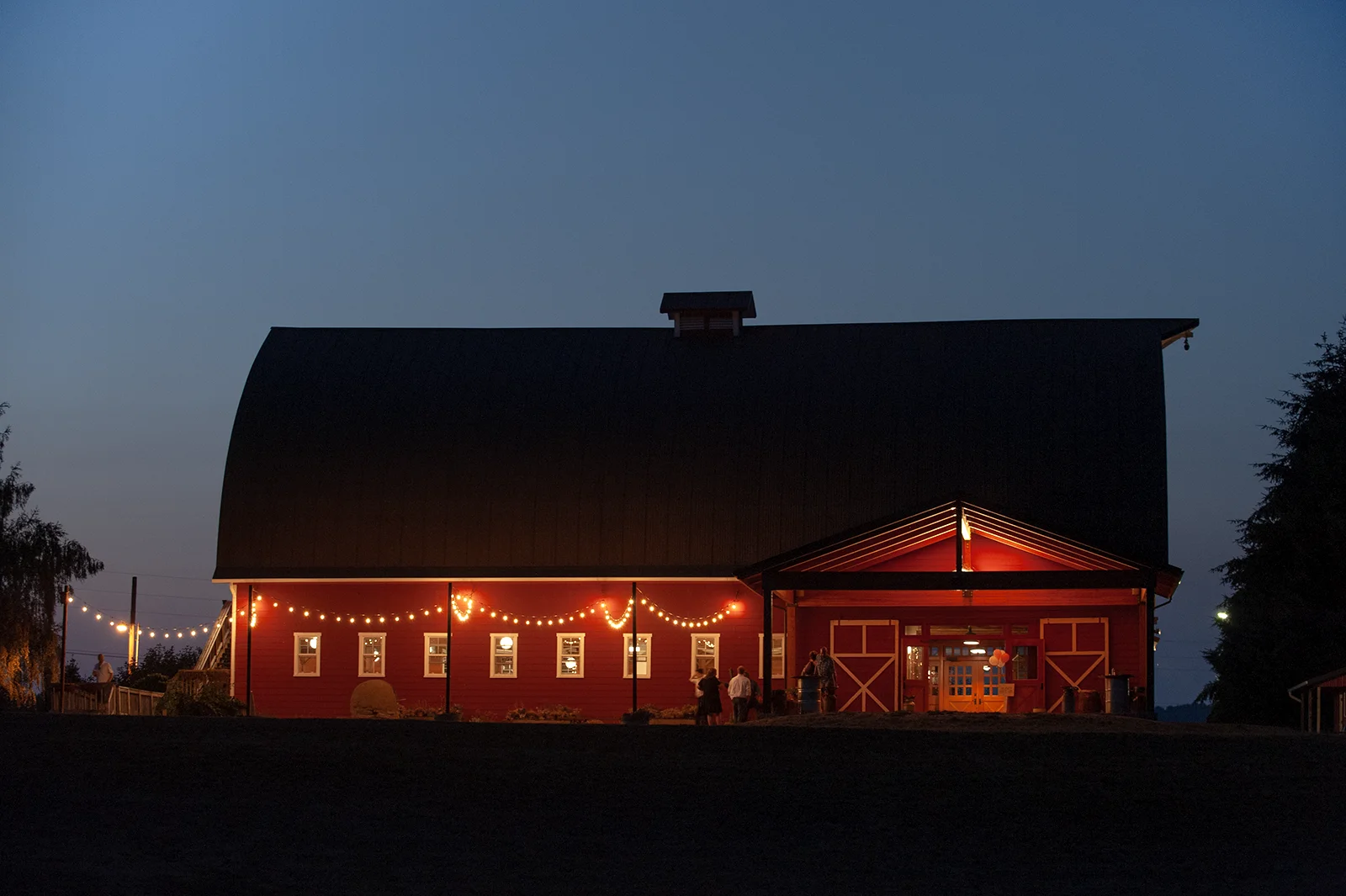 Red Barn Studios in Chehalis, WA at night, shortly after sunset.