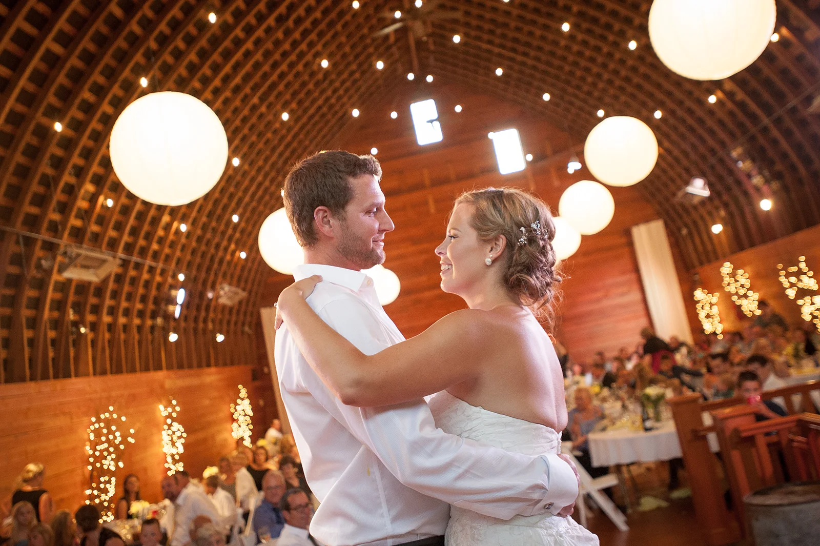 A bride and groom share their first dance at Red Barn Studios in Chehalis, WA.